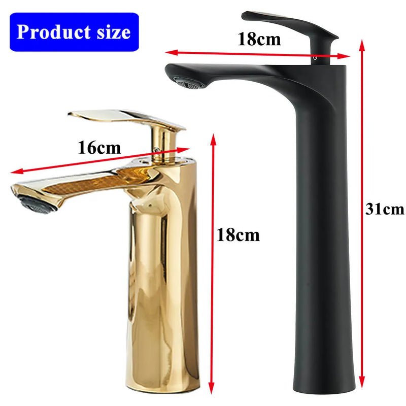 SHBSHAIMY Torneira de pia de banheiro quadrada moderna com núcleo de latão, torneira de água quente e fria, modelo alto/baixo, dourada, montada no deck