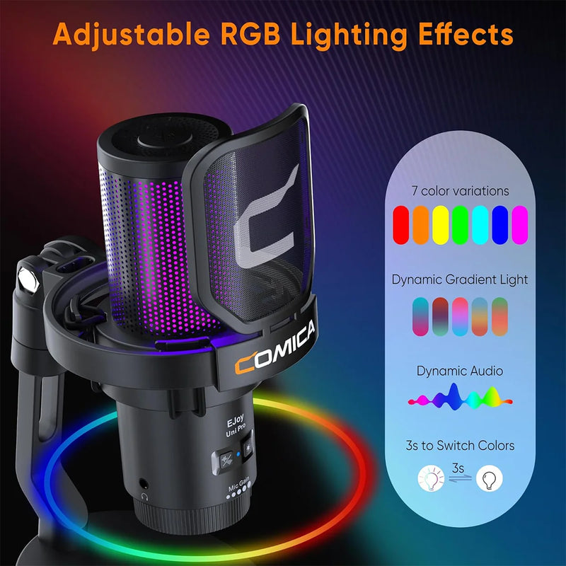 Microfone para jogos USB com fio Comica Uni D Uni A para PC, laptop, telefone, microfone condensador com cancelamento de ruído e iluminação RGB