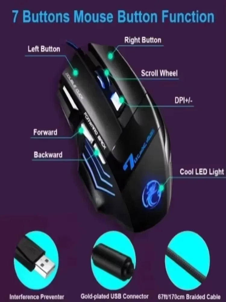 Mouse Gamer com Fio, 7 Botão, Retroiluminado, Ergonômico e 5500 DPI Ajustável - para Computador e Notebook