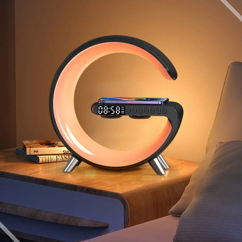 Luminária G Led RGB com Carregador por Indução, Despertador e Caixa de som Bluetooth para Mesa de Escritório