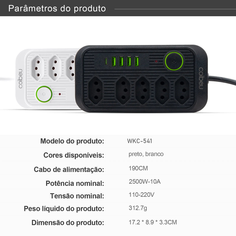 Soquete de extensão e filtro de linha elétrica USB