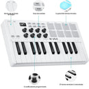 Teclado controlador MIDI M-VAVE de 25 teclas, mini teclado USB com 25 teclas sensíveis à velocidade, 8 pads retroiluminados RGB e 8 knobs.