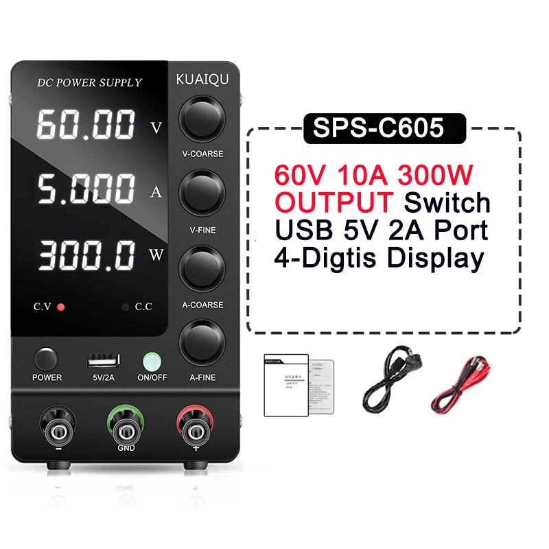 Fonte de alimentação KUAIQU DC 30V 10A, fonte de alimentação de bancada DC regulada por comutação ajustável, 12V 24V 48V 60V 120V, carregamento inteligente