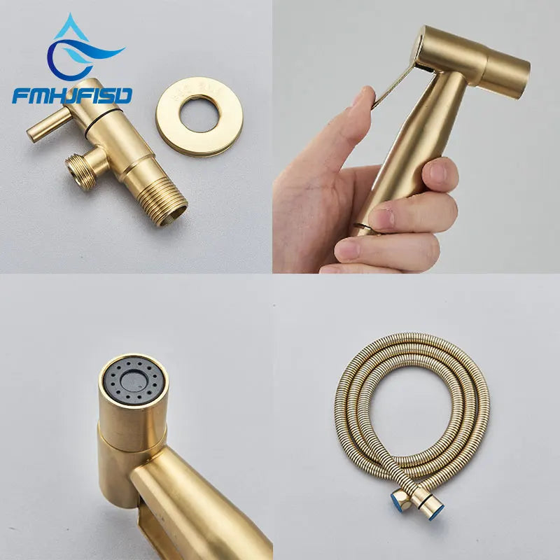 Kit de ducha manual em ouro escovado, pulverizador para bidê, torneira para bidê em aço inoxidável, válvula Shattaf, conjunto de jatos, chuveiro higiênico