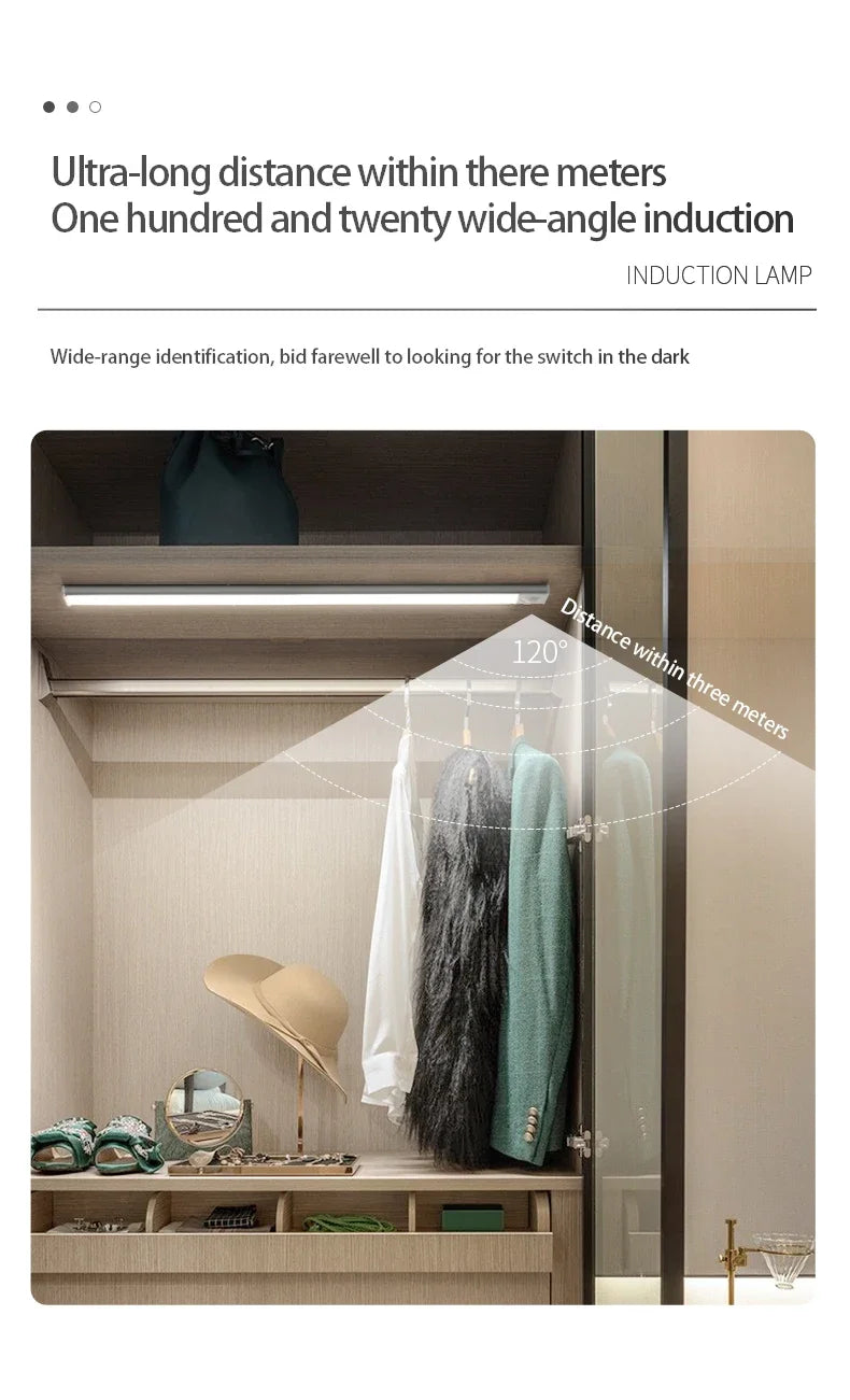 Luz noturna LED com sensor de movimento 20/30/40/60 cm, sem fio, USB, para armário, luz noturna, lâmpada para guarda-roupa, cozinha, armário, quarto