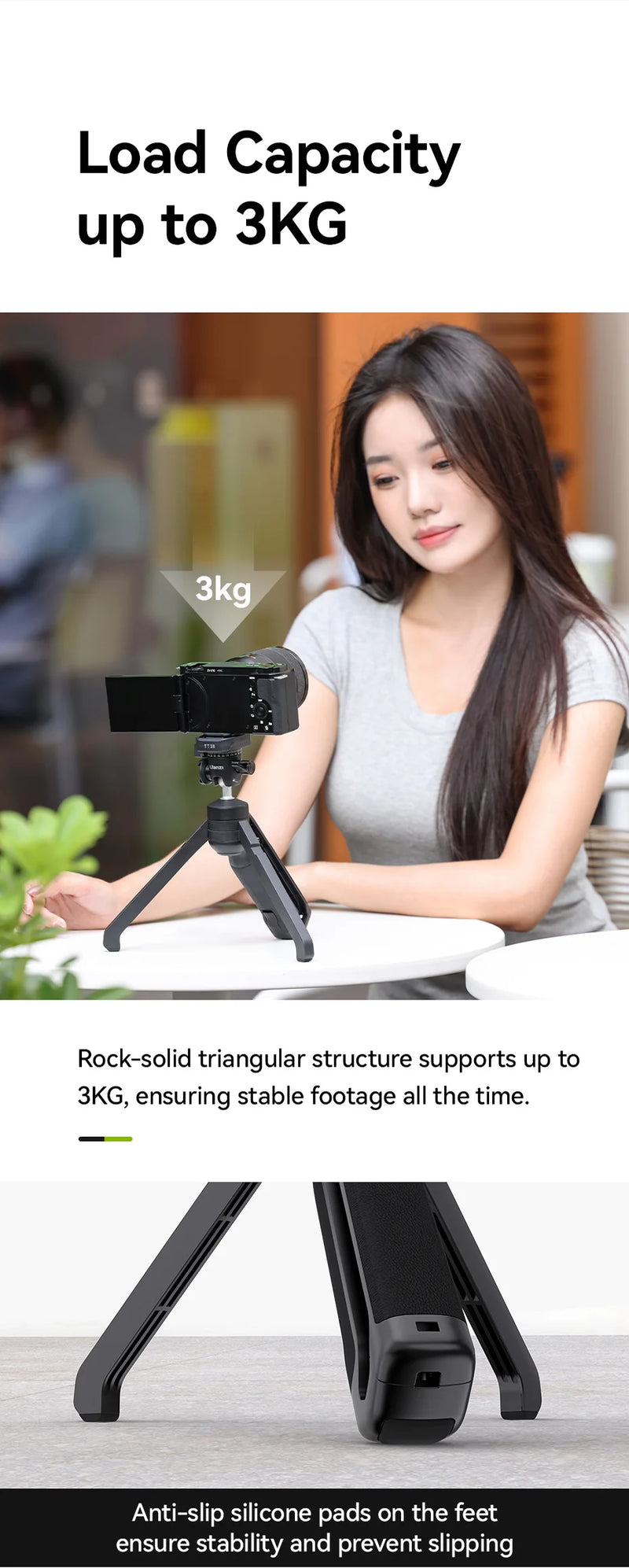 Tripé Ulanzi VlogPod TT38 com placa de liberação rápida, alça para câmera DSLR, tripé de mesa para transmissão ao vivo após selfie e vlog