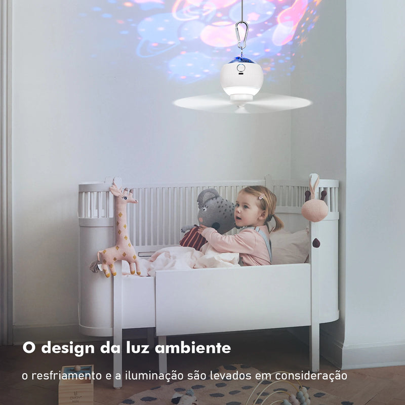 Ventilador, Lâmpada LED e Projetor de Estrelas e Planetas Portátil - Recarregável USB Com Controle