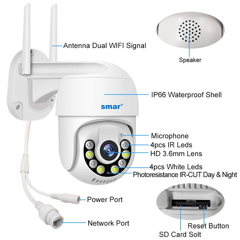 Câmera Smart 3MP 5MP PTZ WiFi externa com rastreamento automático, detecção humana por IA, visão noturna em cores, áudio bidirecional, câmera IP ICsee APP