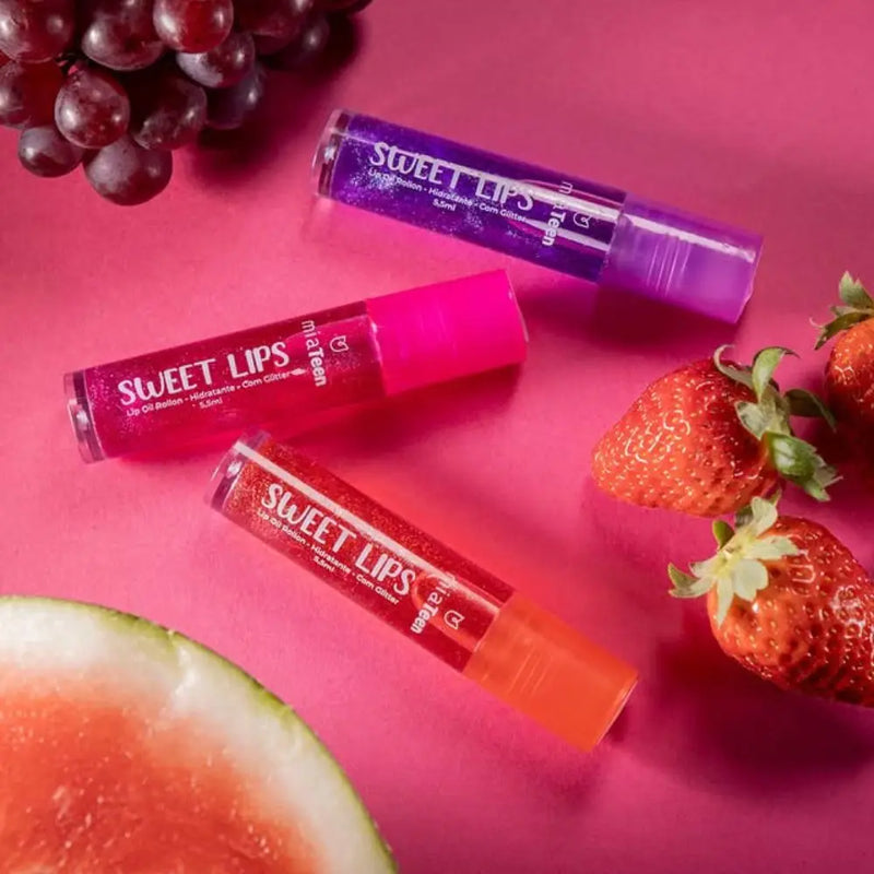 Kit C/3 Óleo Labial Roll On Colorido Sweet Lips Fruit Teen Mia Make