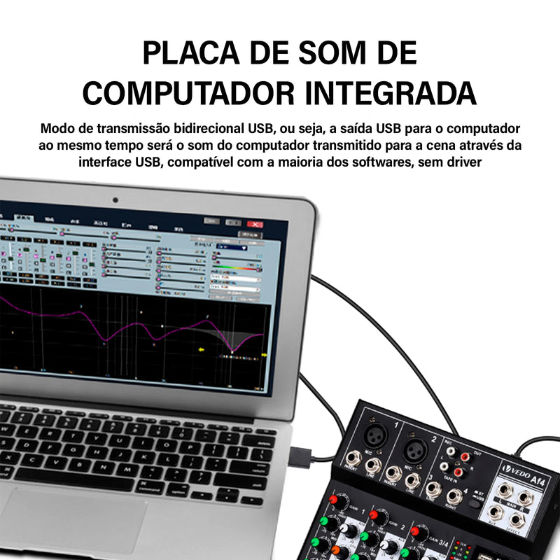Mixer analógico VEDO AF4, placa de som digital mesclada, 4 canais, configurações de função personalizadas, console de mixagem analógico para transmissão ao vivo