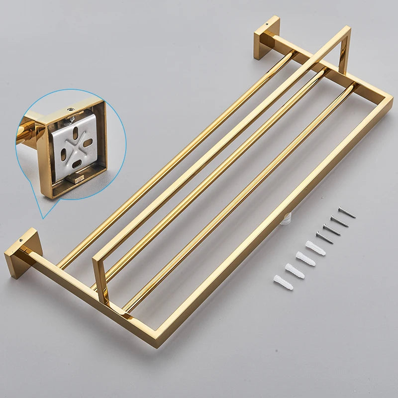 Acessórios para banheiro Toalheiro Aço inoxidável Toalheiro Acessórios para banheiro Prateleira de armazenamento Toalheiro duplo Dourado/Preto/Cromado