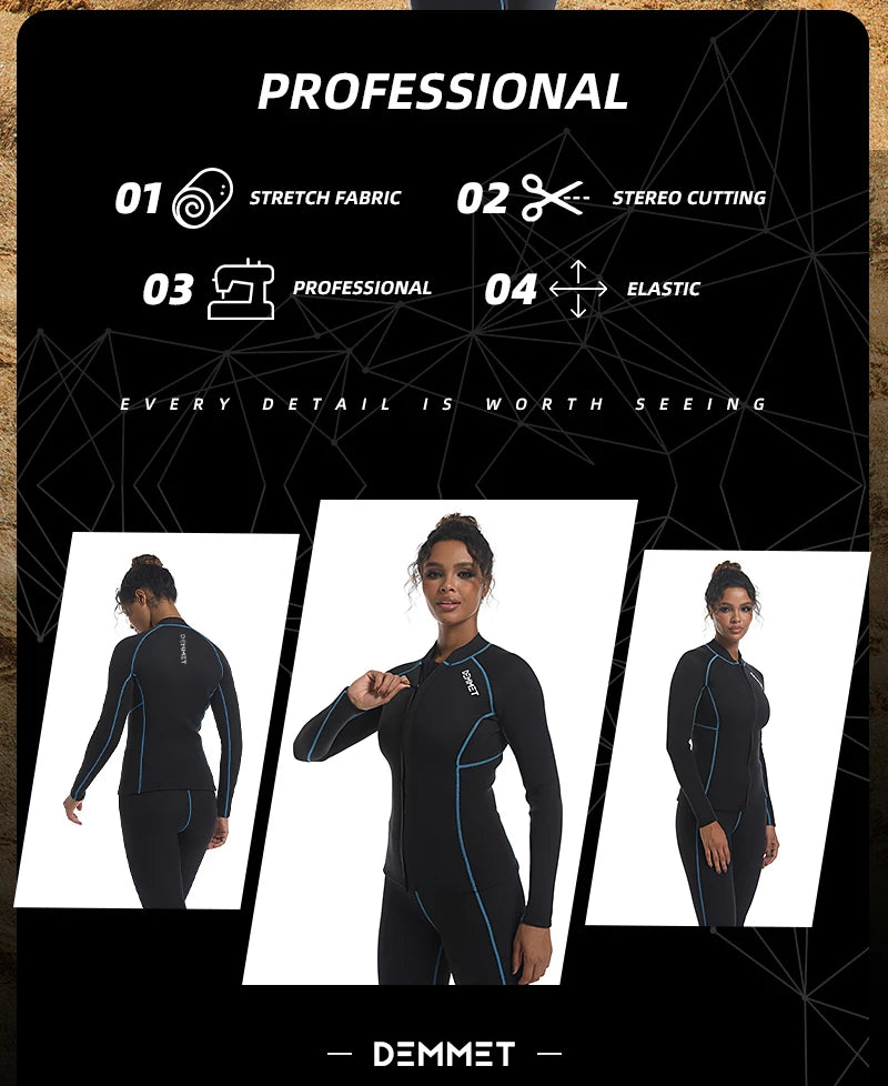 Jaqueta Térmica de Mergulho, Surf, Pesca Manga Longa Masculina ou Feminina DEMMET 1,5mm/3mm de Neoprene