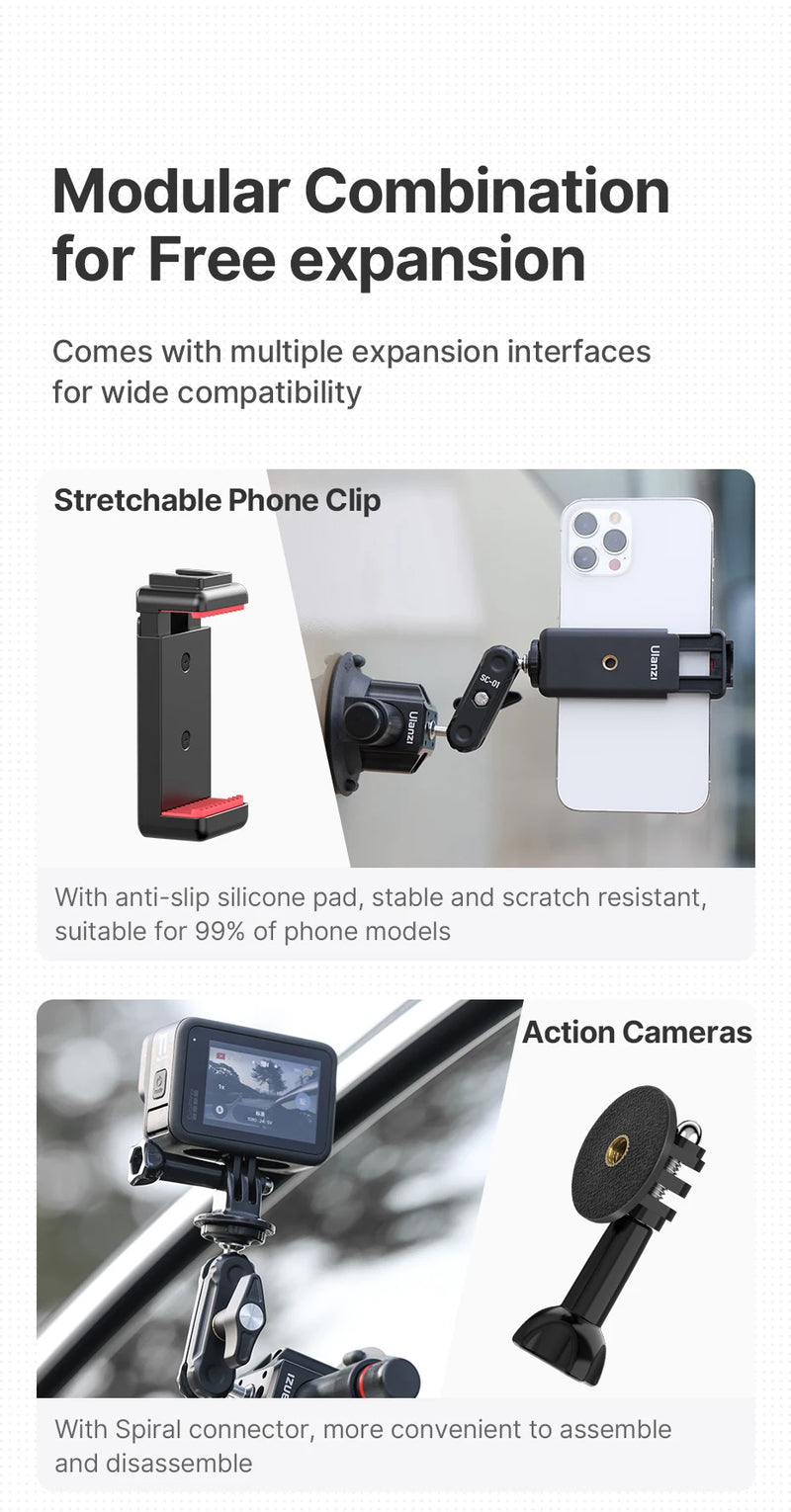 Ulanzi Car Phone Action Camera Holder Hand Pump Suction Cup 360° Adjustable 1/4" 3/8" For GoPro Insta360 DJI Action Smart Phone